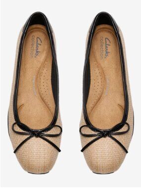 Clarks Jazmynn Bow Beige Woven Ballet Flats with Black Trim